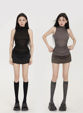 PEMPL 双色轻亚半透腰褶皱小高领无袖背心女春夏新款显瘦内搭上衣