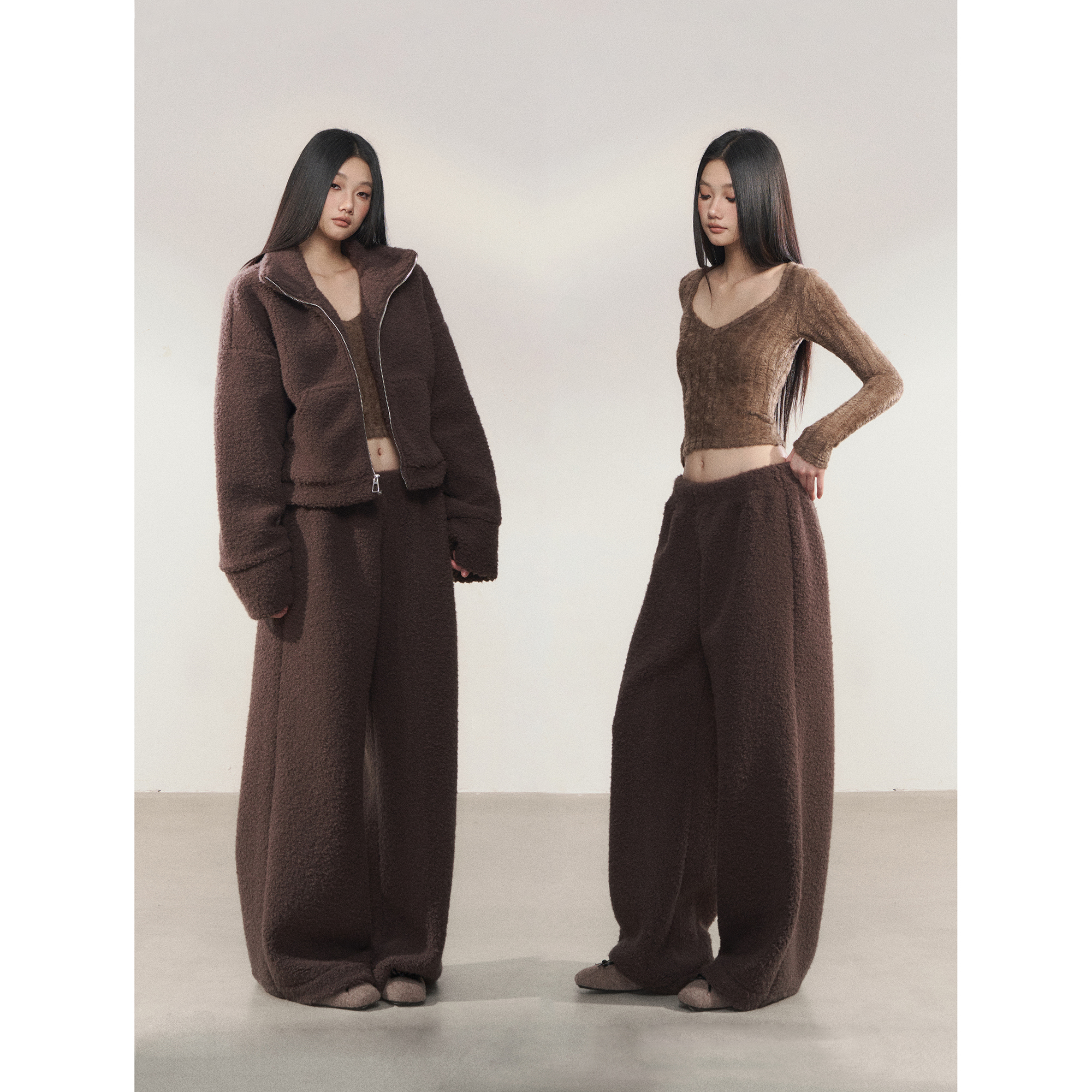 PEMPL·美拉德复古宽松立领保暖毛毛外套女直筒毛绒阔腿裤套装