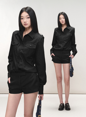 PEMPL·黑色高级感轻职场上衣正肩衬衣条纹宽松长袖衬衫短裤套装