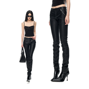 PEMPL 辣妹性感黑色低腰修身微弹PU皮裤女拉链口袋休闲直筒小脚裤