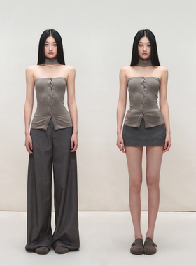 PEMPL·亲肤弹力修身纽扣无袖开衫带围脖针织收腰露肩抹胸上衣