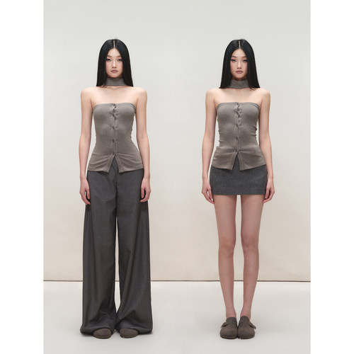 PEMPL·亲肤弹力修身纽扣无袖开衫带围脖针织收腰露肩抹胸上衣