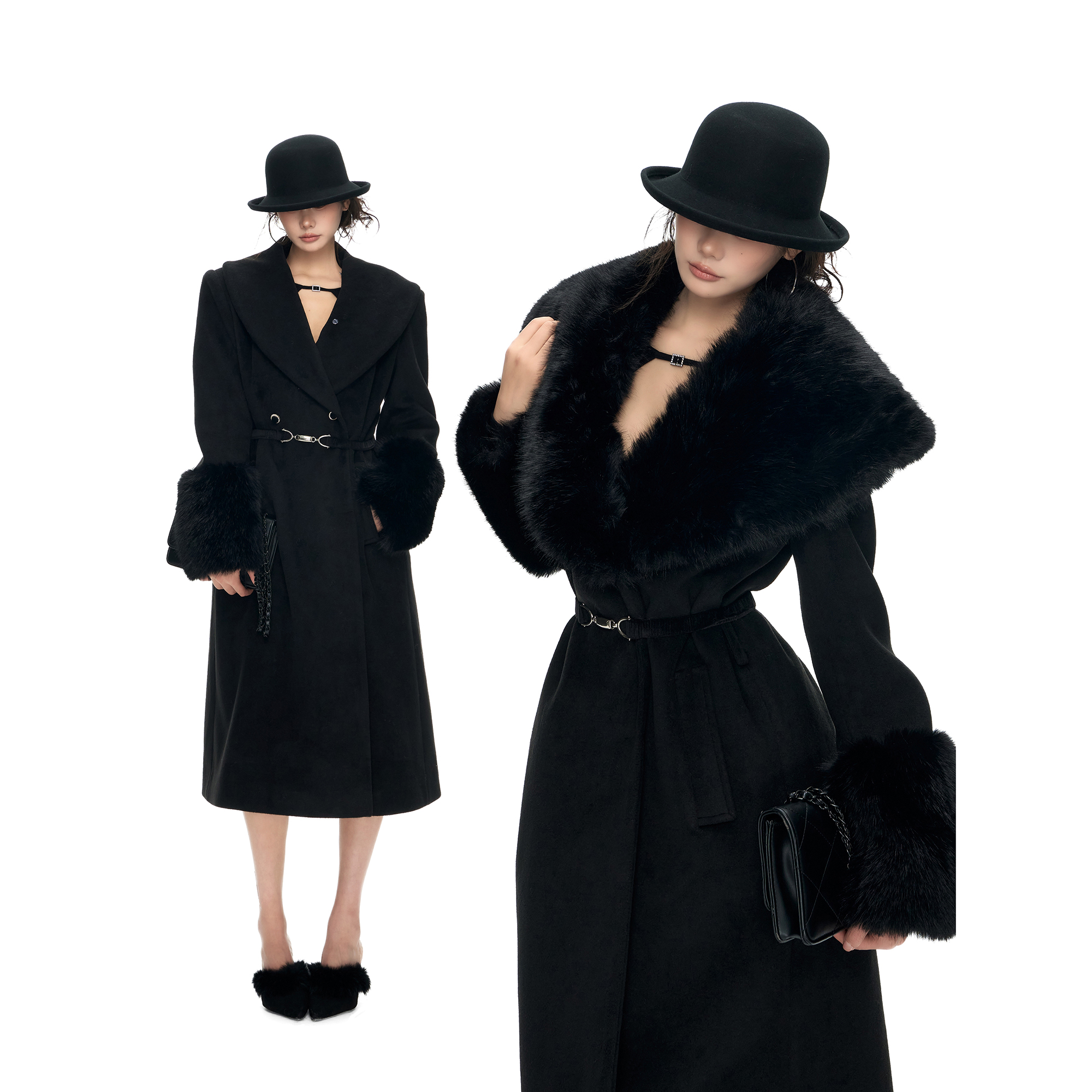 PEMPL 原创设计感可拆卸斗篷式毛领廓形收腰黑色中长款毛呢大衣