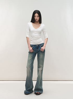 PEMPL 复古做旧水洗猫须直筒裤女休闲低腰微弹力修身显瘦牛仔裤子