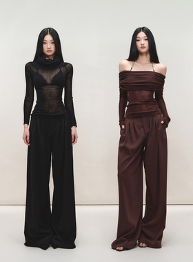 PEMPL 修身羊毛微透针织一字肩上衣低腰松弛感拖地直筒西装休闲裤