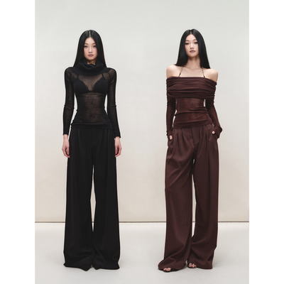 PEMPL 修身羊毛微透针织一字肩上衣低腰松弛感拖地直筒西装休闲裤