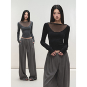 弹力修身 微透性感网纱拼接V领羊毛打底衫 女长袖 PEMPL 针织衫 上衣