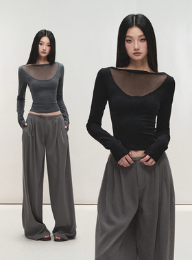 PEMPL 弹力修身微透性感网纱拼接V领羊毛打底衫女长袖针织衫上衣