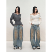 PEMPL 亲肤弹力宽松镂空V领羊毛上衣女露肩两穿慵懒风针织毛衣