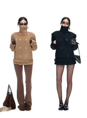 PEMPL 立领加厚正肩双排扣毛呢外套女宽松短款保暖工装羊毛大衣