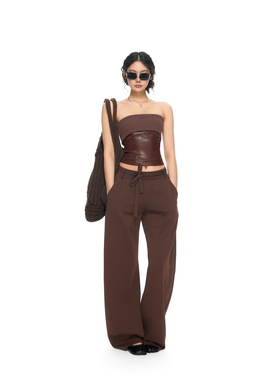 PEMPL 螺纹针织拼接PU皮翻边修身抹胸上衣女系带阔腿弯刀卫裤套装