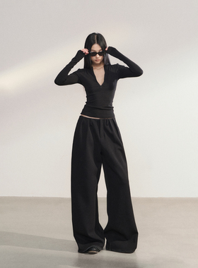 PEMPL 辣妹亲肤修身V领基础款打底衫针织上衣女宽松休闲阔腿裤