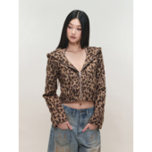 卫衣宽松无弹时尚 PEMPL·美式 豹纹连帽短款 通勤微厚毛呢短外套