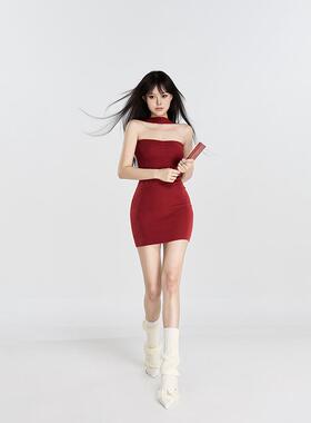 PEMPL无人区玫瑰 红色挂脖修身含羊毛针织连衣裙百搭短裙包臀裙