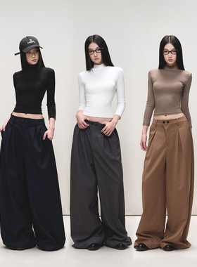 PEMPL·低腰直筒宽松垂感阔腿裤女褶皱设计拖地长裤休闲西装裤子