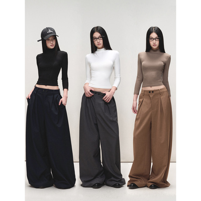 PEMPL·低腰直筒宽松垂感阔腿裤女褶皱设计拖地长裤休闲西装裤子