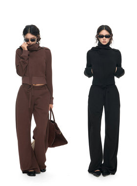 PEMPL 慵懒宽松围领一体卫衣开衫外套女系带针织阔腿弯刀卫裤套装