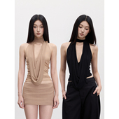 PEMPL·弹力修身 设计感网纱荡领背心吊带辣妹性感高级挂脖上衣女