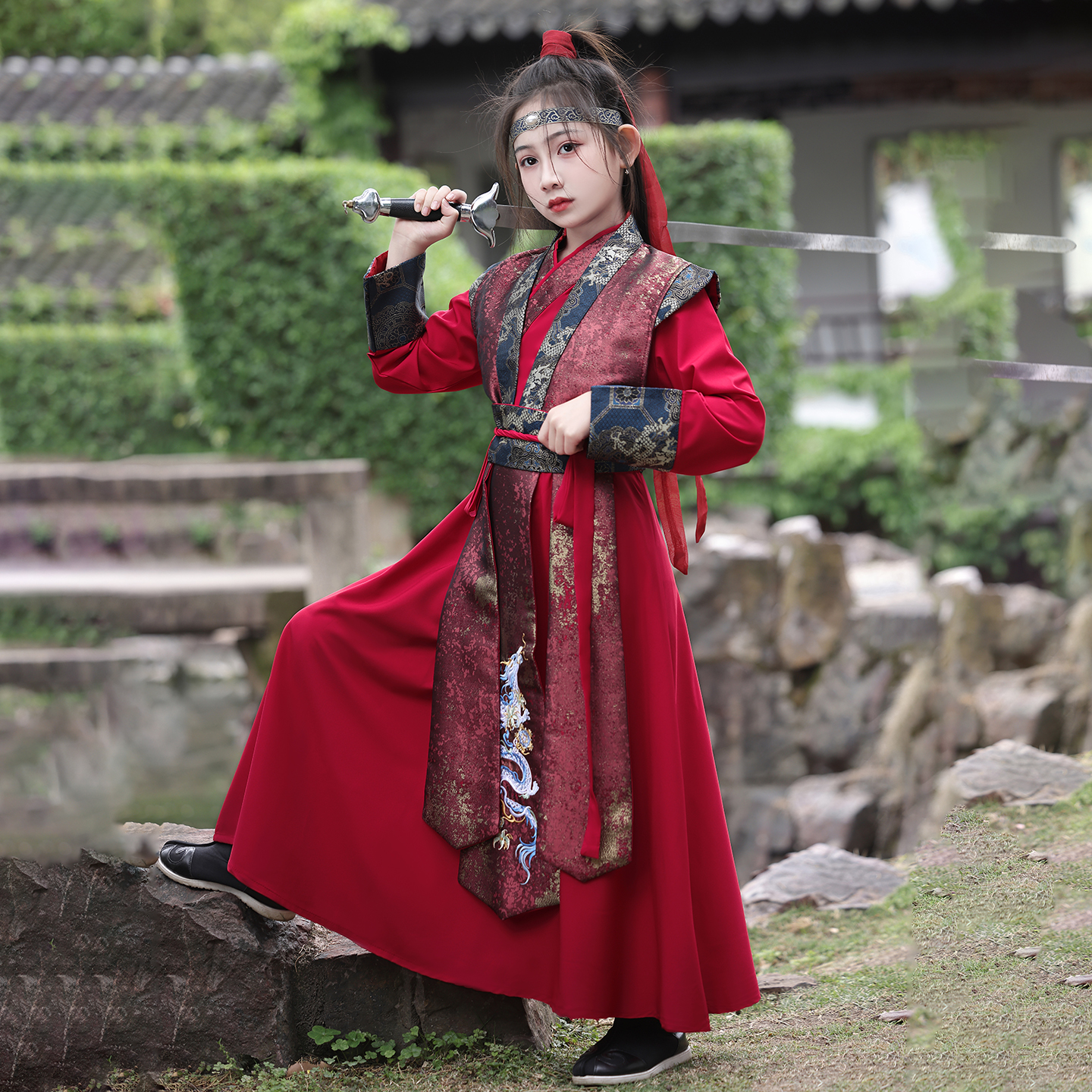 儿童汉服女童花木兰服装仙侠风女孩剑客飞鱼服cos侠客古装演出服