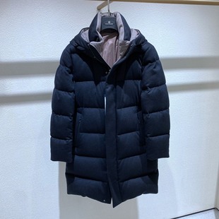 山羊绒面料白鹅绒 藏青连帽 保暖轻奢 长款 羽绒服 方仕 男士 冬装