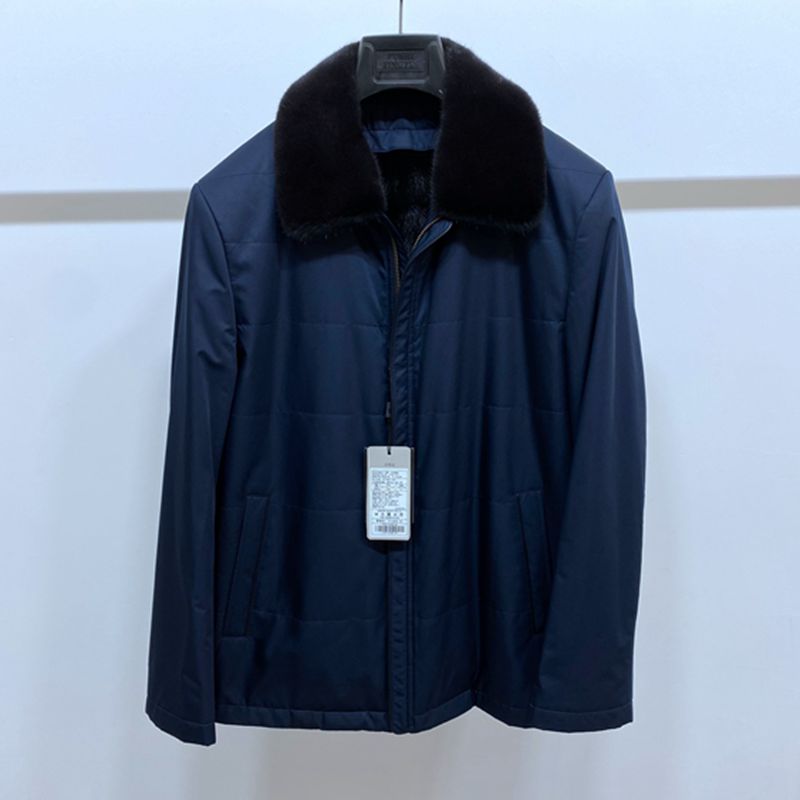 深蓝翻领拉链水貂脱卸男士皮草