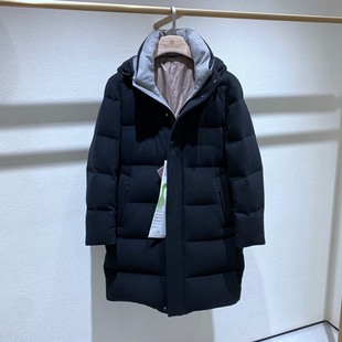 黑色连帽拉链 方仕 山羊绒粗纺 白鹅绒长款 羽绒服 25冬装 男士 厚款