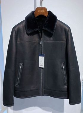 24冬装 深蓝翻领拉链 羊皮毛一体 真皮 百搭通勤 男士皮草 15800