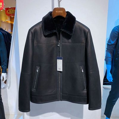 方仕深蓝羊皮毛一体真皮男士皮草