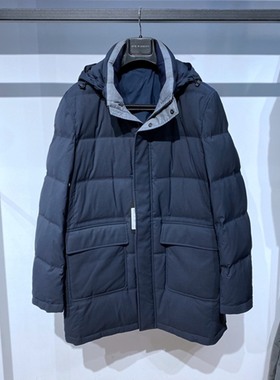 诺丁山 冬装蓝灰色立领脱卸帽拉链 白鹅绒保暖百搭中长男士羽绒服