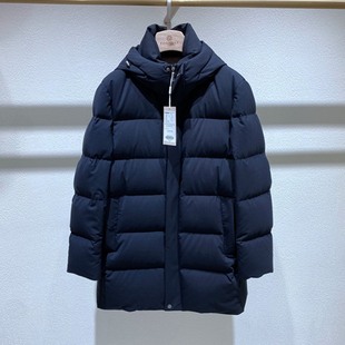 白鹅绒 精纺羊毛混纺 厚款 中长款 羽绒服 方仕 男士 蓝黑色连帽拉链
