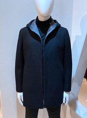 正品 秋冬装 黑色 连帽 拉链暗门襟 中长 百搭 男士羊毛大衣 6980