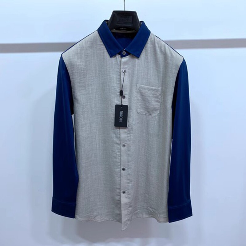 方仕旗下品牌 法莱凯帝 春秋 翻领 蓝色驼色 拼接面料男士长袖T恤