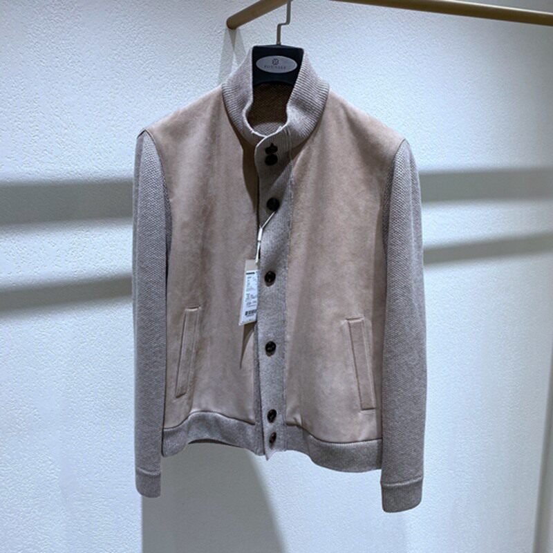 方仕25秋冬 浅驼立领牛角扣针织羊毛 反绒羊皮 百搭通勤 男士便服