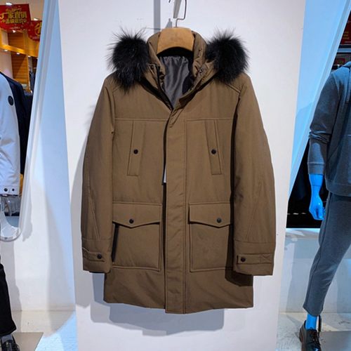 派骆卡蒙连帽中长咖色男士羽绒服