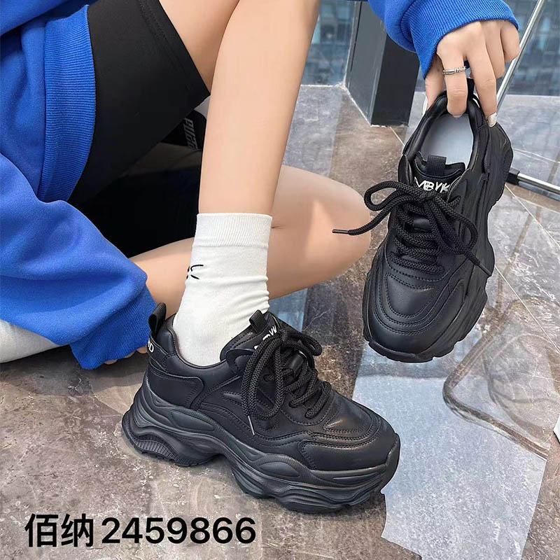 佰纳黑色老爹鞋ins潮2023新款真皮秋女鞋厚底轻便百搭休闲运动女