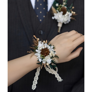 松果白绿色户外婚礼新郎伴郎结婚胸花新娘伴娘手腕花森系真花襟花