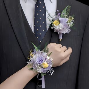 森系莫奈紫玫瑰手腕花新郎新娘婚礼胸花超仙真花伴郎伴娘襟花原创