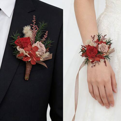 新款永生花胸花手腕花高级感酒红色婚庆新娘新郎伴娘服饰装饰花束