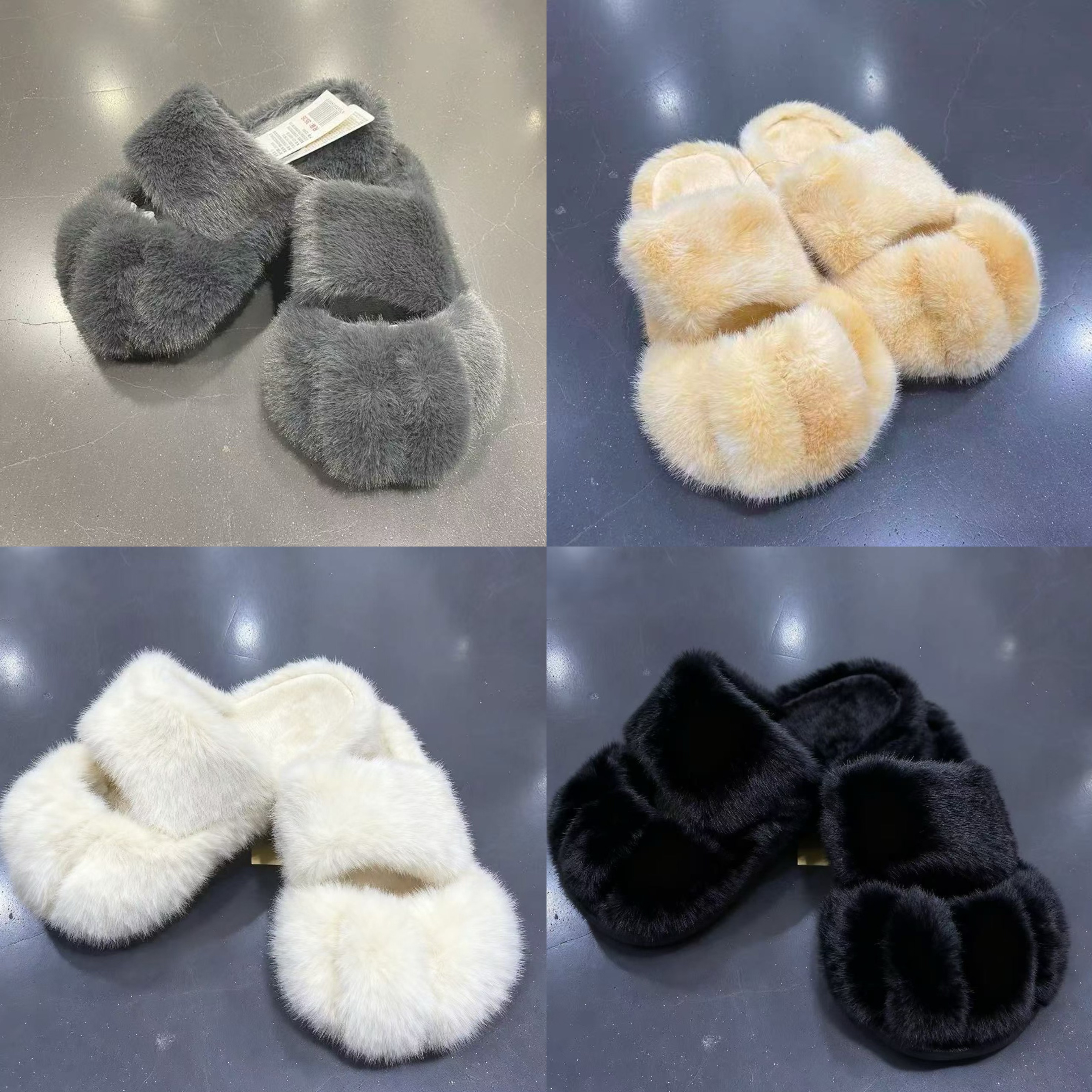 2025新款黑白色猫爪毛毛棉拖鞋