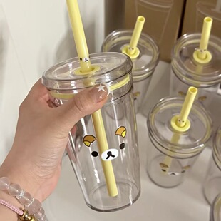 ins黄色简约轻松熊吸管杯日系大容量可爱卡通透明塑料杯子带盖