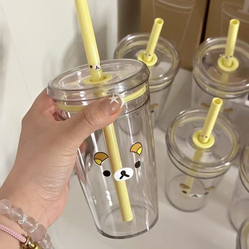 ins黄色简约轻松熊吸管杯日系大容量可爱卡通透明塑料杯子带盖