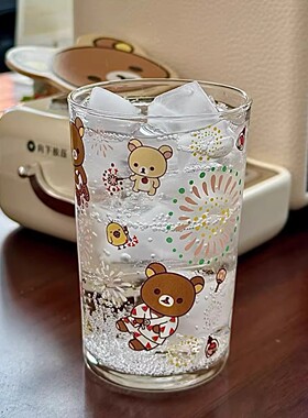 烟花大会轻松熊中古玻璃杯透明牛奶咖啡果汁杯高颜值耐高温喝水杯