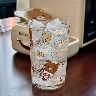 烟花大会轻松熊中古玻璃杯透明牛奶咖啡果汁杯高颜值耐高温喝水杯