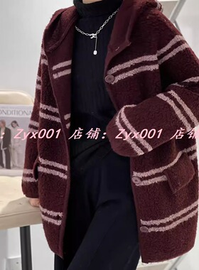 秋冬【拉贡长款】100%绵羊毛条纹连帽长袖女士针织外套
