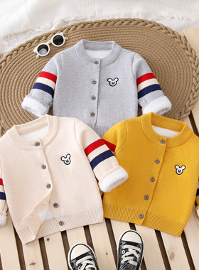 婴儿宝宝纯棉加厚一体绒开衫冬季保暖时尚学院风米奇针绣条纹毛衣