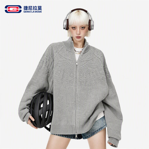 捷尼拉莫美式浮雕提花针织衫毛衣