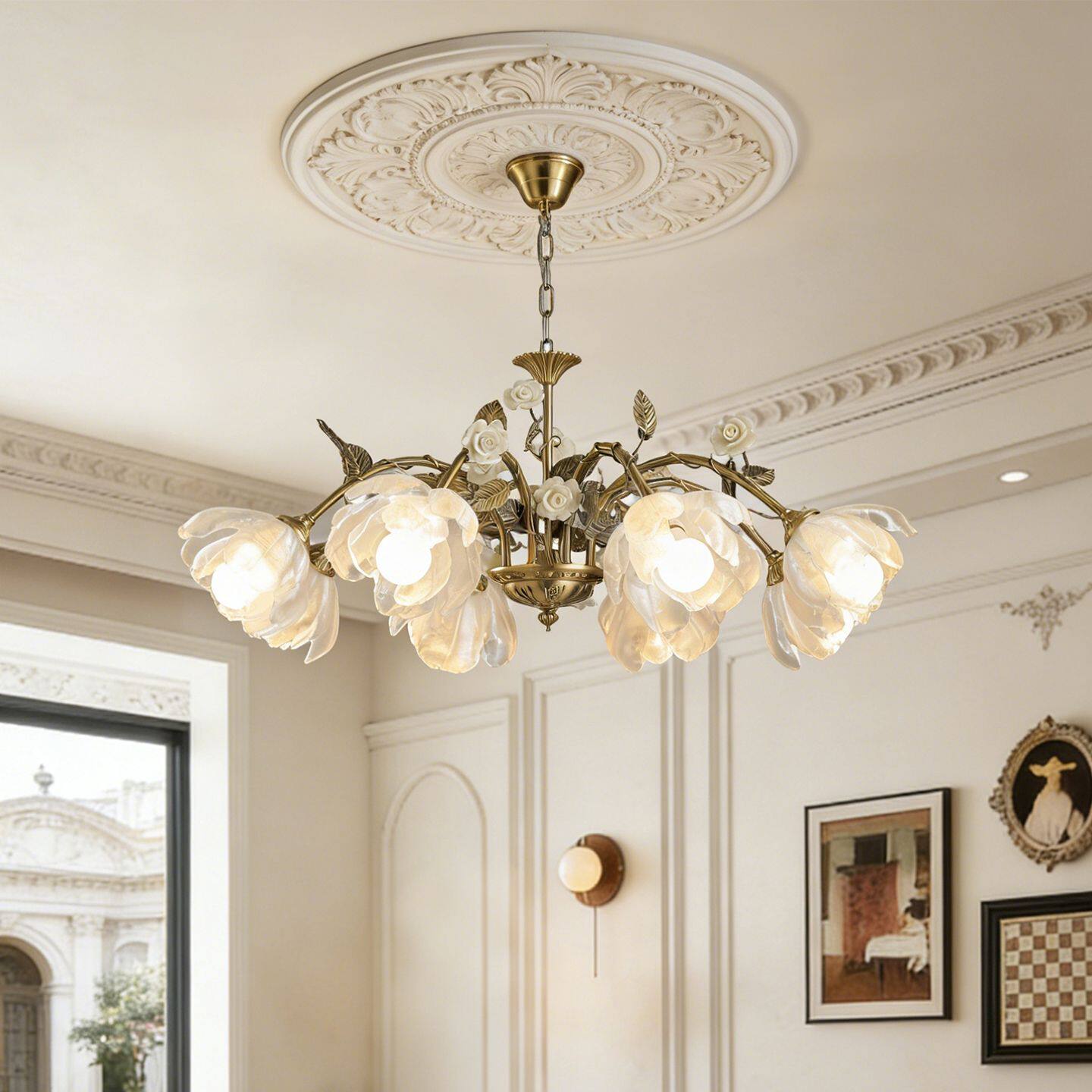 美式复古客厅枝型吊灯铁艺花瓣灯罩LED光源高透光率