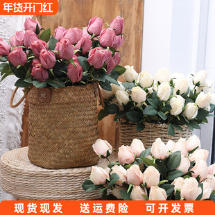 高端仿生花束仿真花骨朵9头复古玫瑰花束客厅人造花绢花装饰摆件