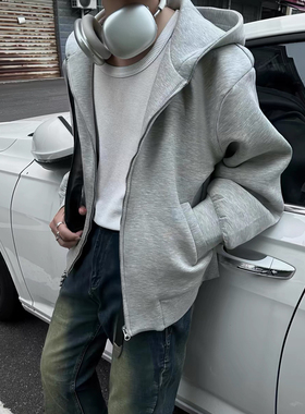 Street美式cleanfit灰色短宽廓形拉链开衫连帽卫衣叠穿帽衫外套潮