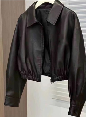欧货绵羊皮2025秋冬新款小众设计感黑色方领减龄蛋白皮衣女夹克